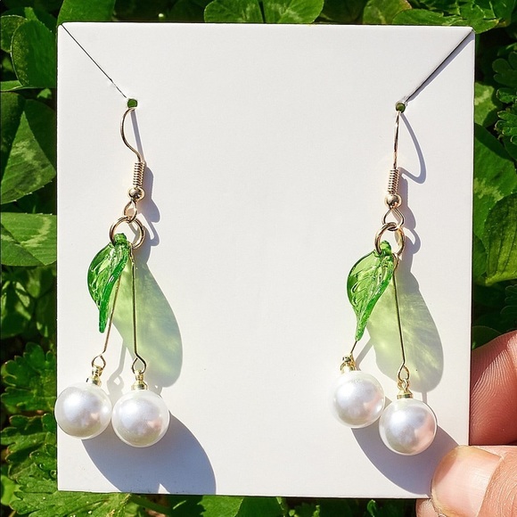 White Cherry Glamorous Faux Pearl & Leaf Drop Earrings - Picture 4 of 5